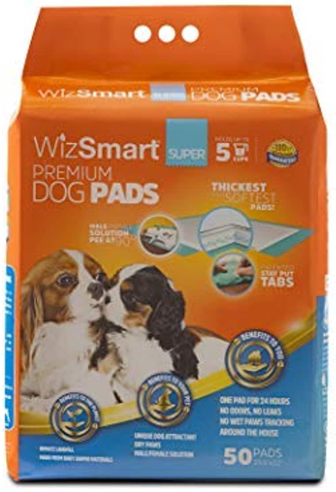 WizSmart All-Day Dry Premium Dog and Puppy Potty Training Pads, Quick Drying, Absorbent, and Odor Free with Stay-Put Tabs, 5 Cups, Super, 50 Count