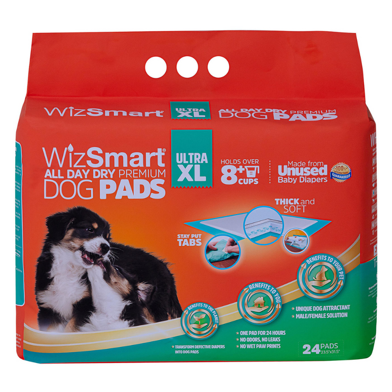 WizSmart All-Day Dry Premium Dog and Puppy Potty Training Pads, Quick Drying, Absorbent, and Odor Free with Stay Put Tabs, 10 Cups, Ultra XL, 24 Count