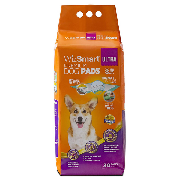 WizSmart All-Day Dry Premium Dog and Puppy Potty Training Pads, Quick Drying, Absorbent, and Odor Free with Stay-Put Tabs, 5 Cups, Super, 30 Count