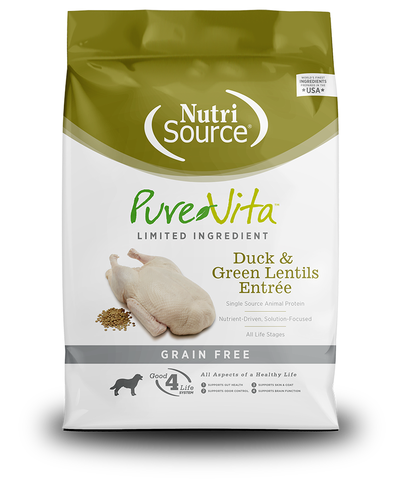 NutriSource Pure Vita Duck and Green Lentils Entrée, Grain free, Dry Dog Food, 15 lbs